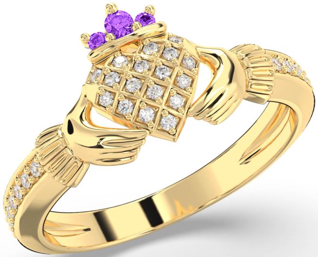 Diamond Amethyst Gold Claddagh Ring