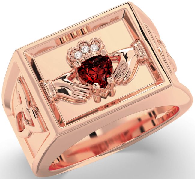 Diamond Garnet Rose Gold Silver Celtic Claddagh Trinity Knot Ring Mens Ladies Unisex