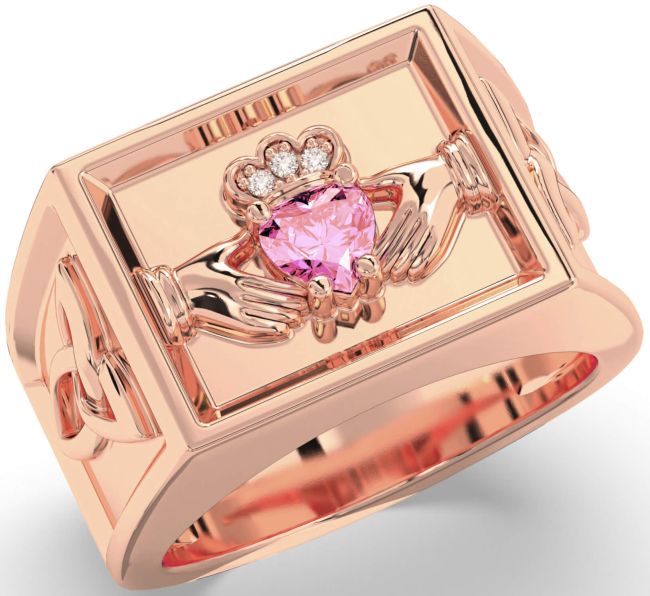 Diamond Pink Tourmaline Rose Gold Silver Celtic Claddagh Trinity Knot Ring Mens Ladies Unisex