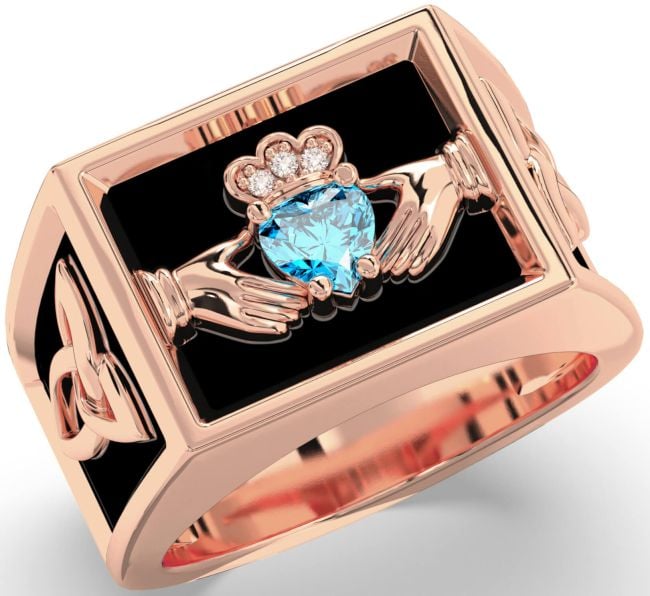 Diamond Topaz Rose Gold Silver Black Rhodium Celtic Claddagh Trinity Knot Ring Mens Ladies Unisex