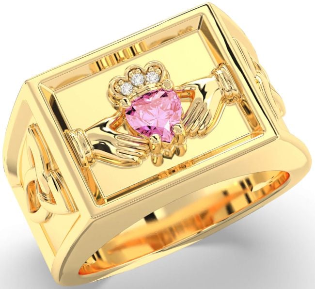 Diamond Pink Tourmaline Gold Silver Celtic Claddagh Trinity Knot Ring Mens Ladies Unisex