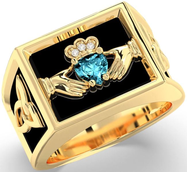 Diamond Aquamarine Gold Silver Black Rhodium Celtic Claddagh Trinity Knot Ring Mens Ladies Unisex