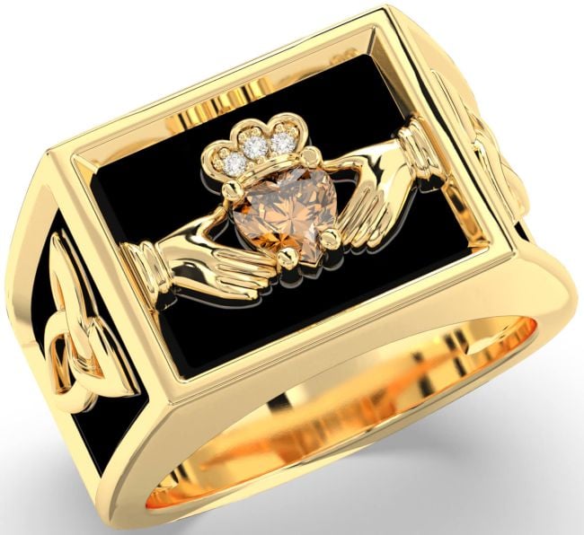 Diamond Citrine Gold Silver Black Rhodium Celtic Claddagh Trinity Knot Ring Mens Ladies Unisex