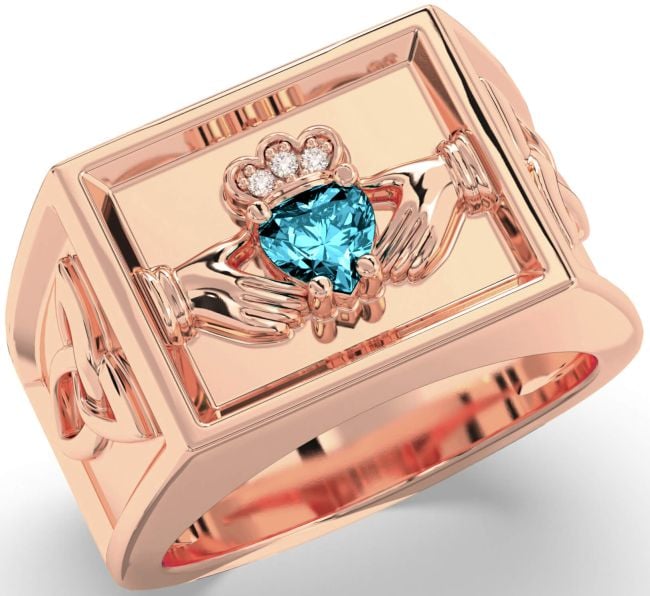 Diamond Aquamarine Rose Gold Celtic Claddagh Trinity Knot Ring Mens Ladies Unisex