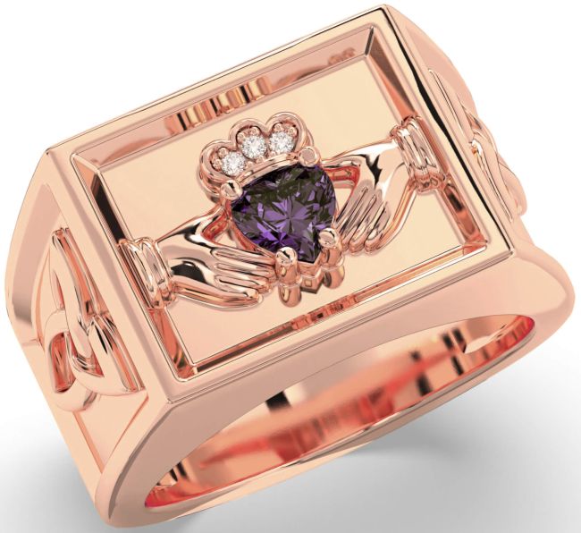 Diamond Alexandrite Rose Gold Celtic Claddagh Trinity Knot Ring Mens Ladies Unisex