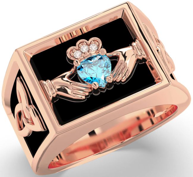 Diamond Topaz Rose Gold Black Rhodium Celtic Claddagh Trinity Knot Ring Mens Ladies Unisex