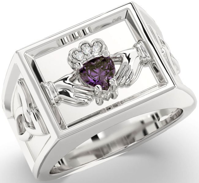 Diamond Alexandrite Silver Celtic Claddagh Trinity Knot Ring Mens Ladies Unisex