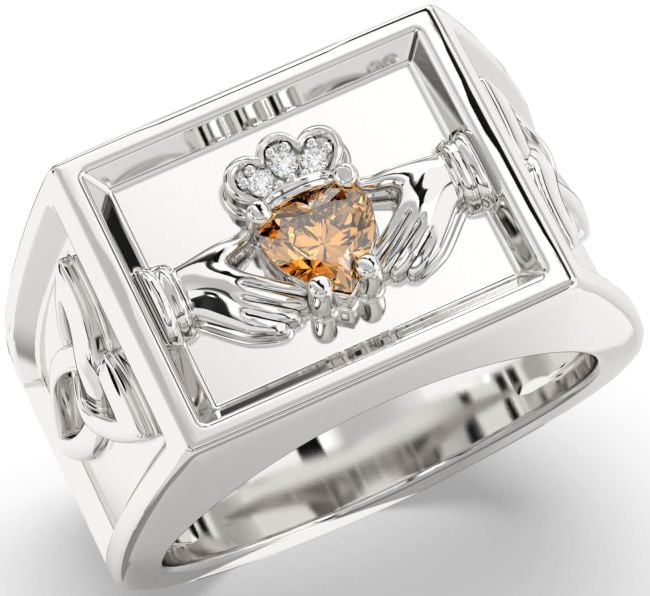 Diamond Citrine Silver Celtic Claddagh Trinity Knot Ring Mens Ladies Unisex