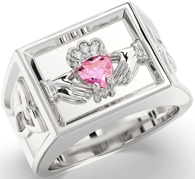 Diamond Pink Tourmaline Silver Celtic Claddagh Trinity Knot Ring Mens Ladies Unisex