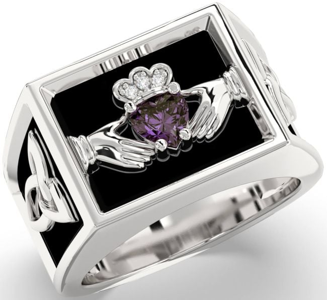 Diamond Alexandrite Silver Black Rhodium Celtic Claddagh Trinity Knot Ring Mens Ladies Unisex