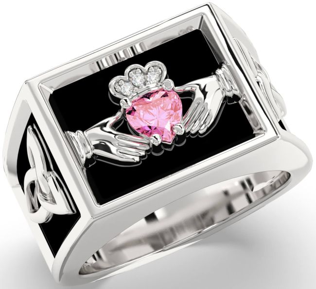 Diamond Pink Tourmaline Silver Black Rhodium Celtic Claddagh Trinity Knot Ring Mens Ladies Unisex