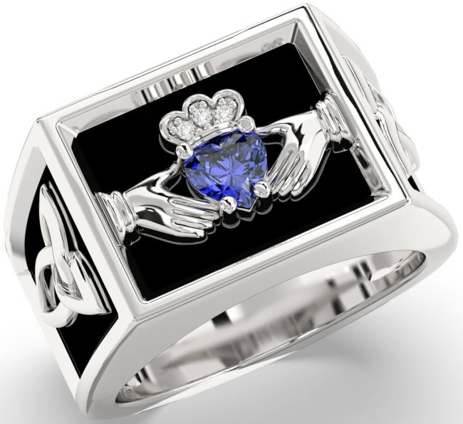 Diamond Sapphire Silver Black Rhodium Celtic Claddagh Trinity Knot Ring Mens Ladies Unisex