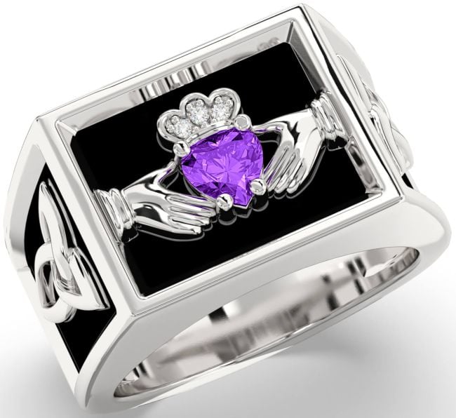 Diamond Amethyst White Gold Black Rhodium Celtic Claddagh Trinity Knot Ring Mens Ladies Unisex