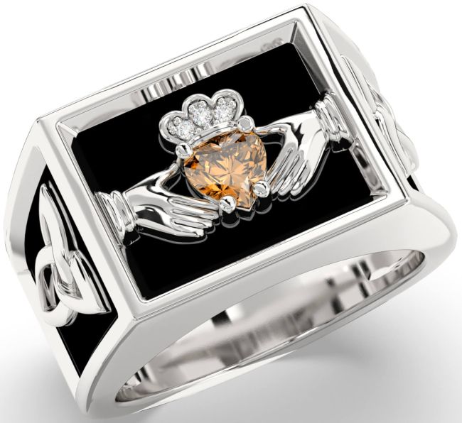 Diamond Citrine White Gold Black Rhodium Celtic Claddagh Trinity Knot Ring Mens Ladies Unisex