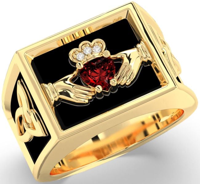 Diamond Garnet Gold Black Rhodium Celtic Claddagh Trinity Knot Ring Mens Ladies Unisex