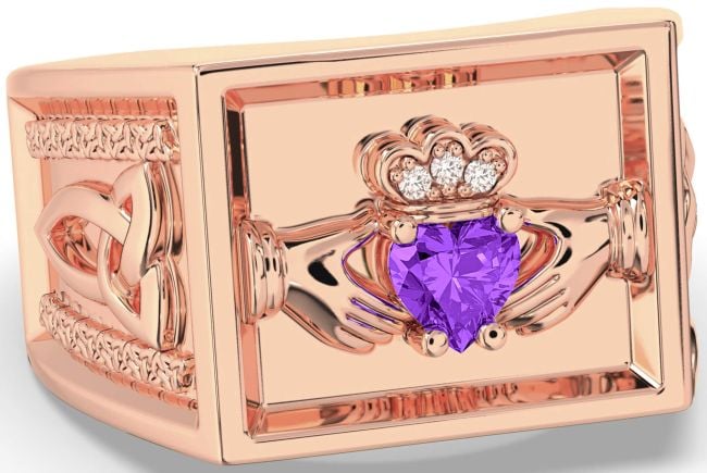 Diamond Amethyst Rose Gold Silver Celtic Claddagh Trinity Knot Ring Mens Ladies Unisex