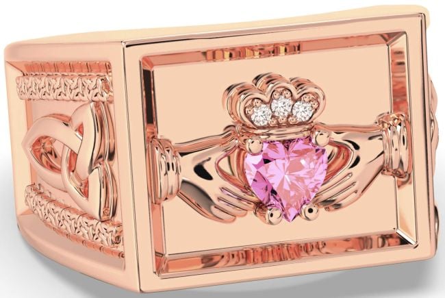 Diamond Pink Tourmaline Rose Gold Silver Celtic Claddagh Trinity Knot Ring Mens Ladies Unisex