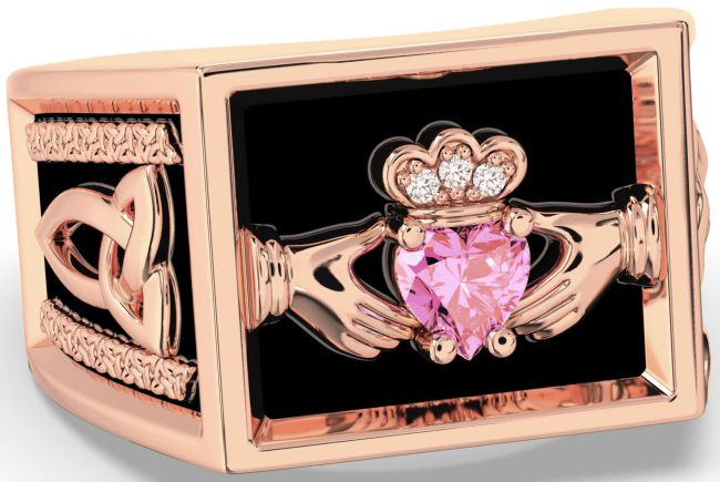 Diamond Pink Tourmaline Rose Gold Silver Black Rhodium Celtic Claddagh Trinity Knot Ring Mens Ladies Unisex