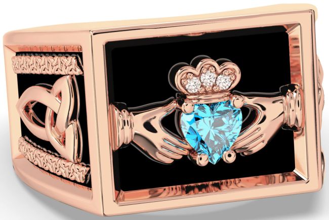 Diamond Topaz Rose Gold Silver Black Rhodium Celtic Claddagh Trinity Knot Ring Mens Ladies Unisex