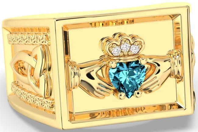 Diamond Aquamarine Gold Silver Celtic Claddagh Trinity Knot Ring Mens Ladies Unisex