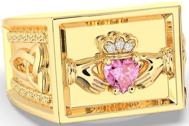 Diamond Pink Tourmaline Gold Silver Celtic Claddagh Trinity Knot Ring Mens Ladies Unisex