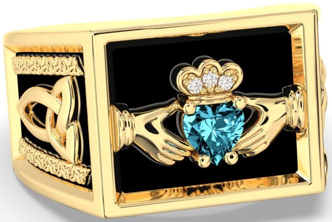 Diamond Aquamarine Gold Silver Black Rhodium Celtic Claddagh Trinity Knot Ring Mens Ladies Unisex