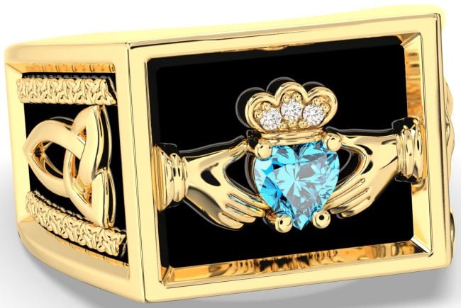 Diamond Topaz Gold Silver Black Rhodium Celtic Claddagh Trinity Knot Ring Mens Ladies Unisex