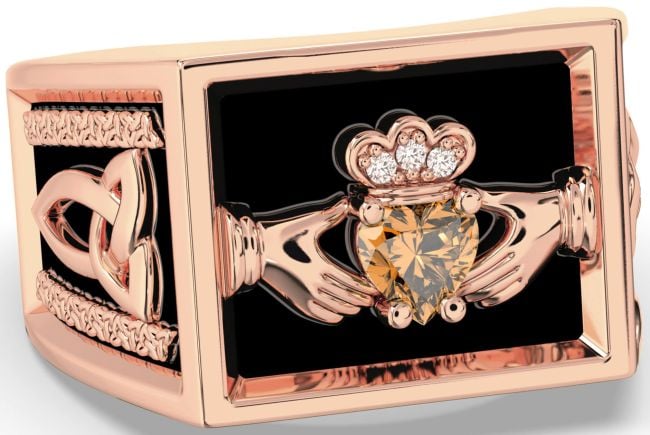 Diamond Citrine Rose Gold Black Rhodium Celtic Claddagh Trinity Knot Ring Mens Ladies Unisex