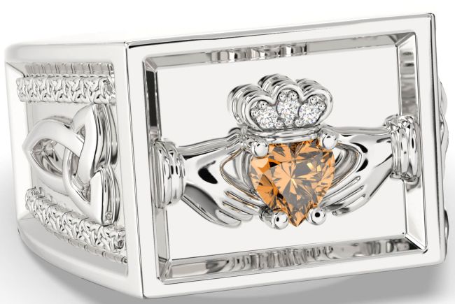 Diamond Citrine Silver Celtic Claddagh Trinity Knot Ring Mens Ladies Unisex