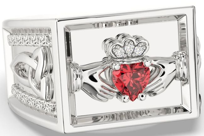 Diamond Ruby Silver Celtic Claddagh Trinity Knot Ring Mens Ladies Unisex