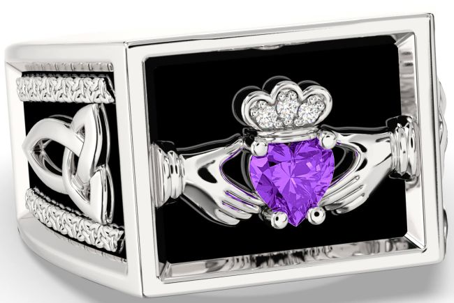 Diamond Amethyst Silver Black Rhodium Celtic Claddagh Trinity Knot Ring Mens Ladies Unisex