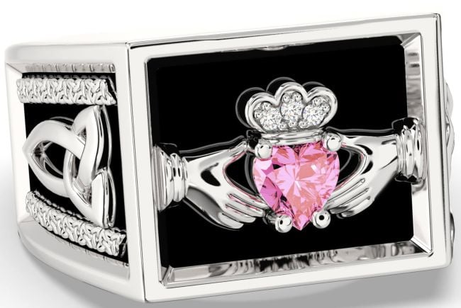 Diamond Pink Tourmaline Silver Black Rhodium Celtic Claddagh Trinity Knot Ring Mens Ladies Unisex