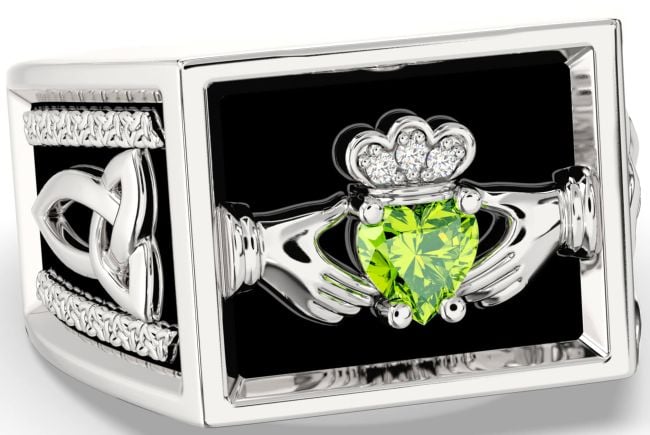 Diamond Peridot Silver Black Rhodium Celtic Claddagh Trinity Knot Ring Mens Ladies Unisex