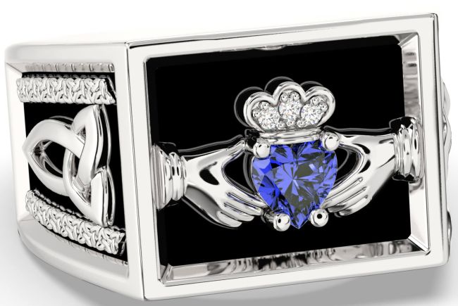 Diamond Sapphire Silver Black Rhodium Celtic Claddagh Trinity Knot Ring Mens Ladies Unisex