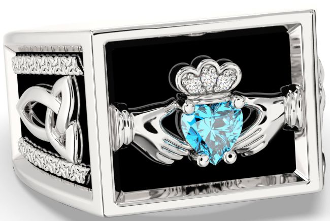 Diamond Topaz Silver Black Rhodium Celtic Claddagh Trinity Knot Ring Mens Ladies Unisex