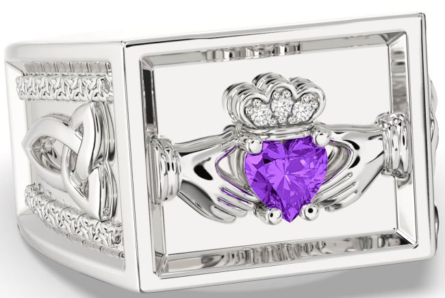 Diamond Amethyst White Gold Celtic Claddagh Trinity Knot Ring Mens Ladies Unisex