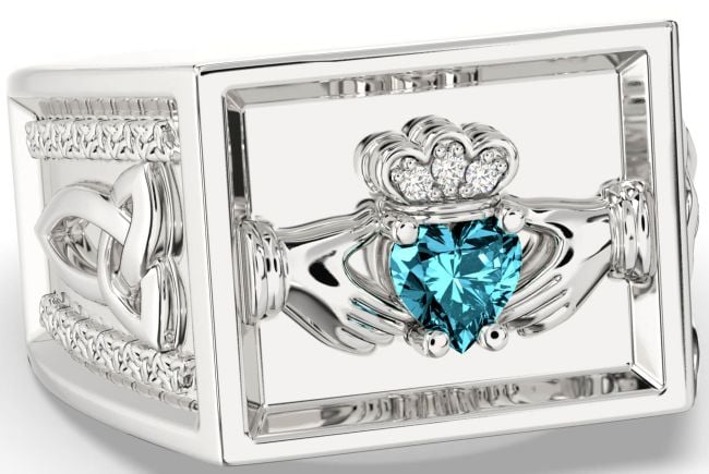 Diamond Aquamarine White Gold Celtic Claddagh Trinity Knot Ring Mens Ladies Unisex