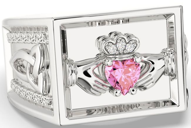 Diamond Pink Tourmaline White Gold Celtic Claddagh Trinity Knot Ring Mens Ladies Unisex