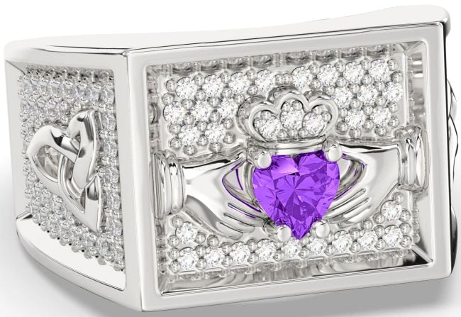 Diamond Amethyst Silver Celtic Claddagh Trinity Knot Ring Mens Ladies Unisex