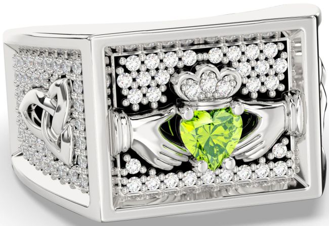 Diamond Peridot Silver Black Rhodium Celtic Claddagh Trinity Knot Ring Mens Ladies Unisex