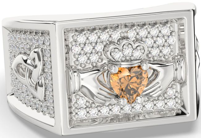 Diamond Citrine White Gold Celtic Claddagh Trinity Knot Ring Mens Ladies Unisex