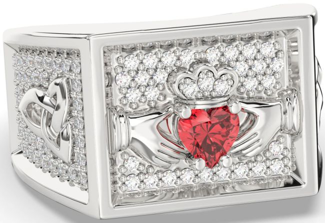 Diamond Ruby White Gold Celtic Claddagh Trinity Knot Ring Mens Ladies Unisex