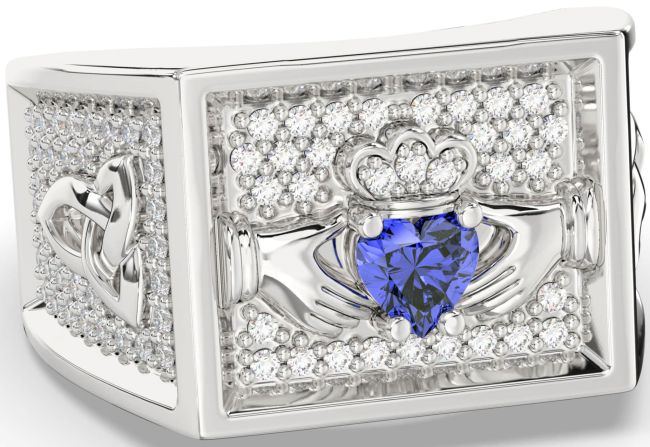 Diamond Sapphire White Gold Celtic Claddagh Trinity Knot Ring Mens Ladies Unisex