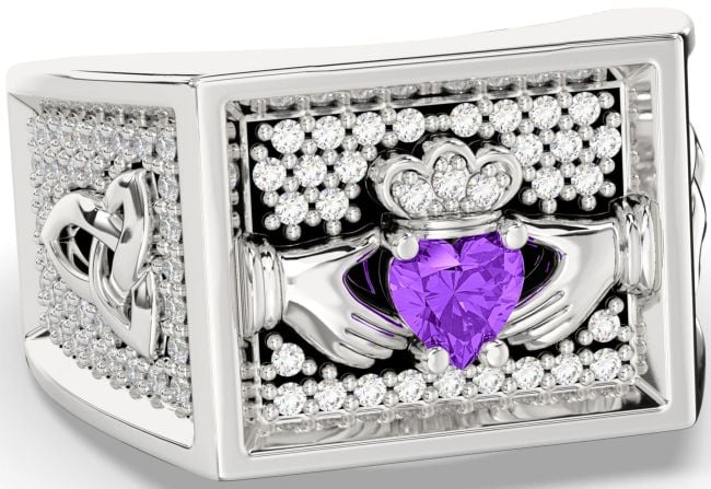 Diamond Amethyst White Gold Black Rhodium Celtic Claddagh Trinity Knot Ring Mens Ladies Unisex