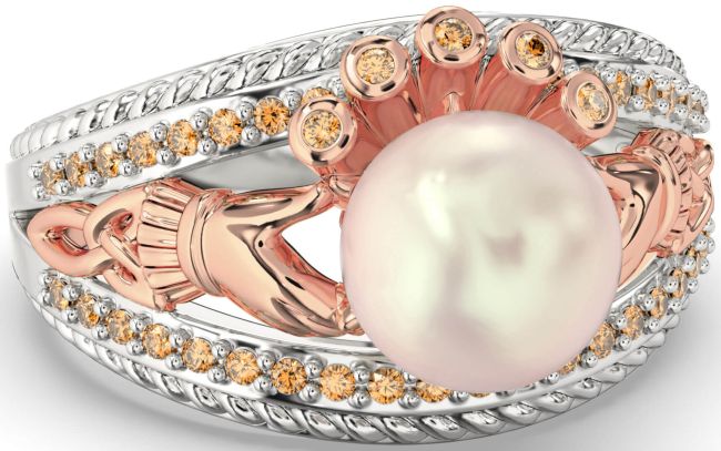Citrine Rose Gold Silver Claddagh Pearl Ring