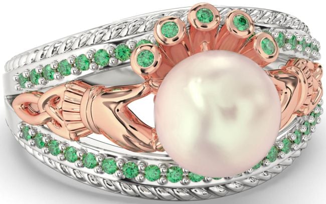 Emerald Rose Gold Silver Claddagh Pearl Ring