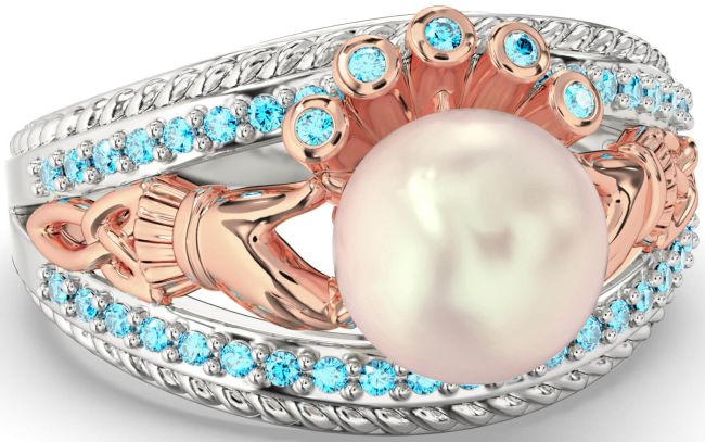 Topaz Rose Gold Silver Claddagh Pearl Ring
