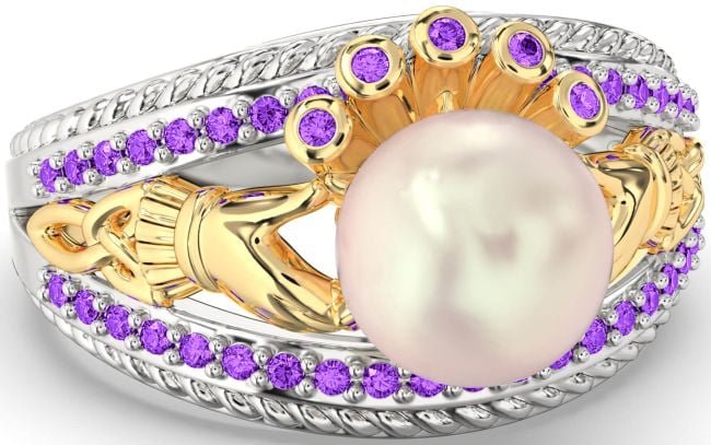 Amethyst Gold Silver Claddagh Pearl Ring