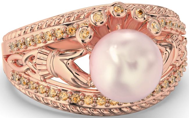 Citrine Rose Gold Silver Claddagh Pearl Ring