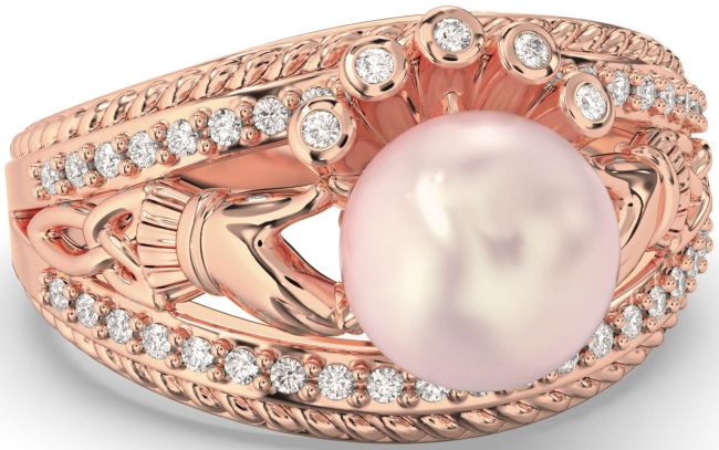 Diamond Rose Gold Silver Claddagh Pearl Ring